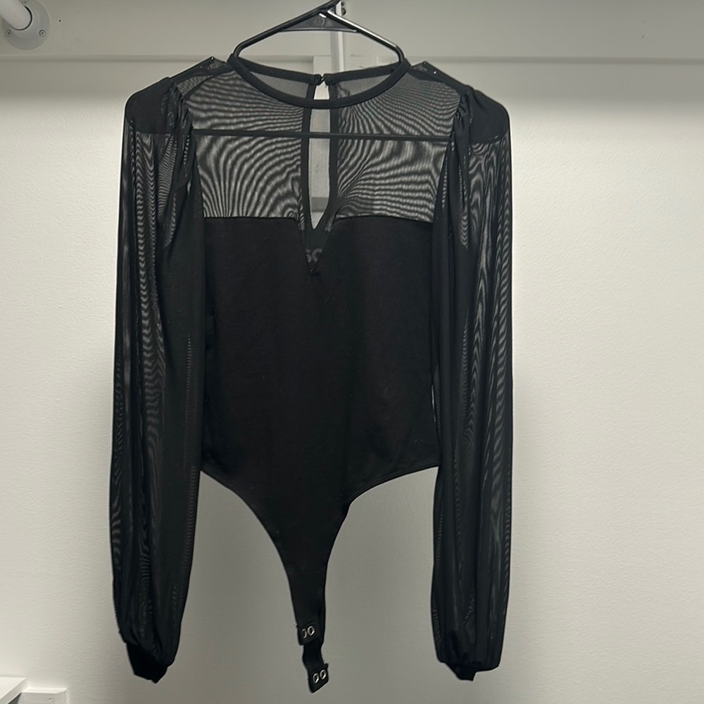SO Black Asymmetrical Puff Sleeve Bodysuit